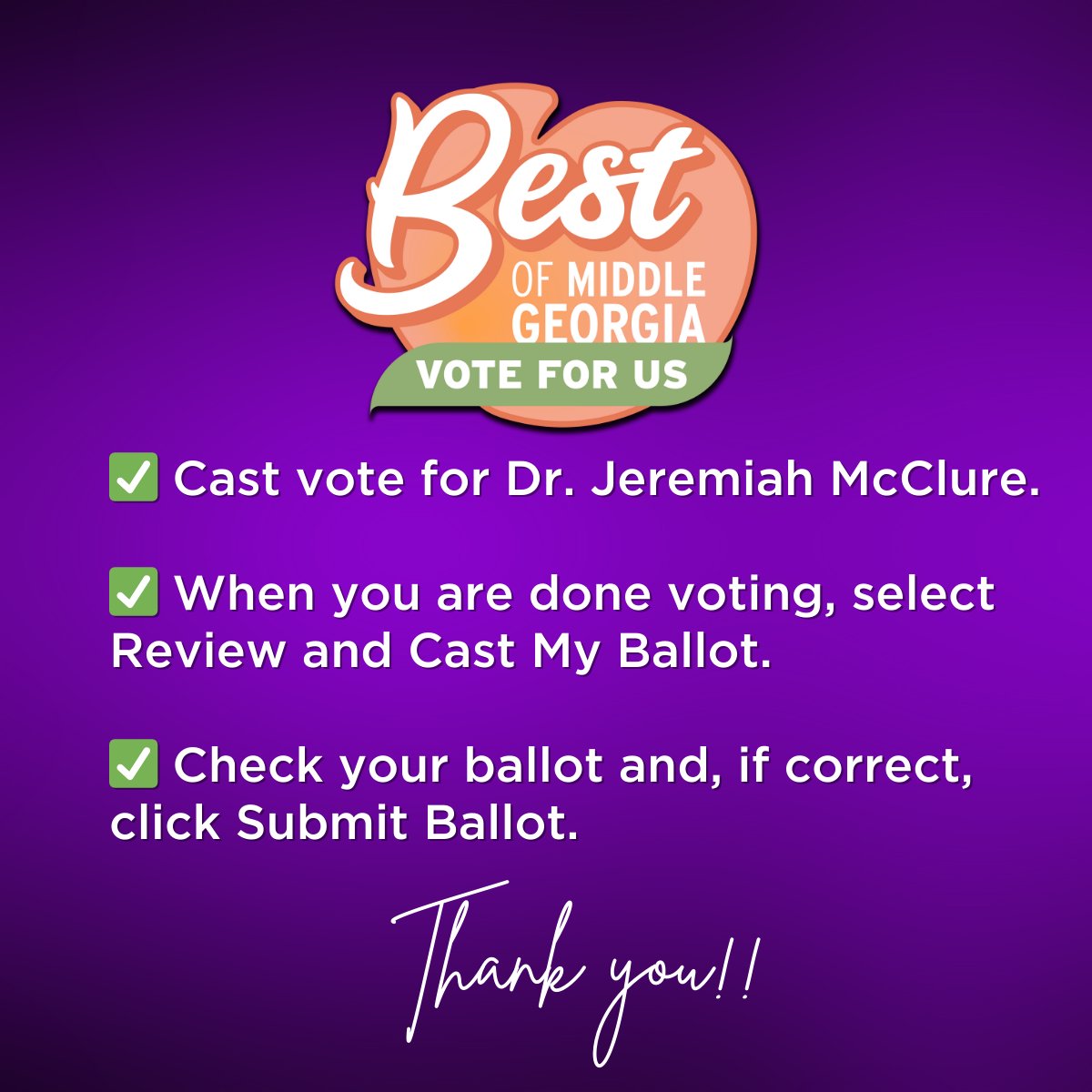 Voting continues for Best of Middle Georgia!

Please visit votemiddlegeorgia.com and and vote for Dr. Jeremiah McClure AND MCC Internal Medicine. A quick 'how-to' slide-show for you today.

Voting runs though May 17th and you can vote once a day!
#BestofMiddleGeorgia