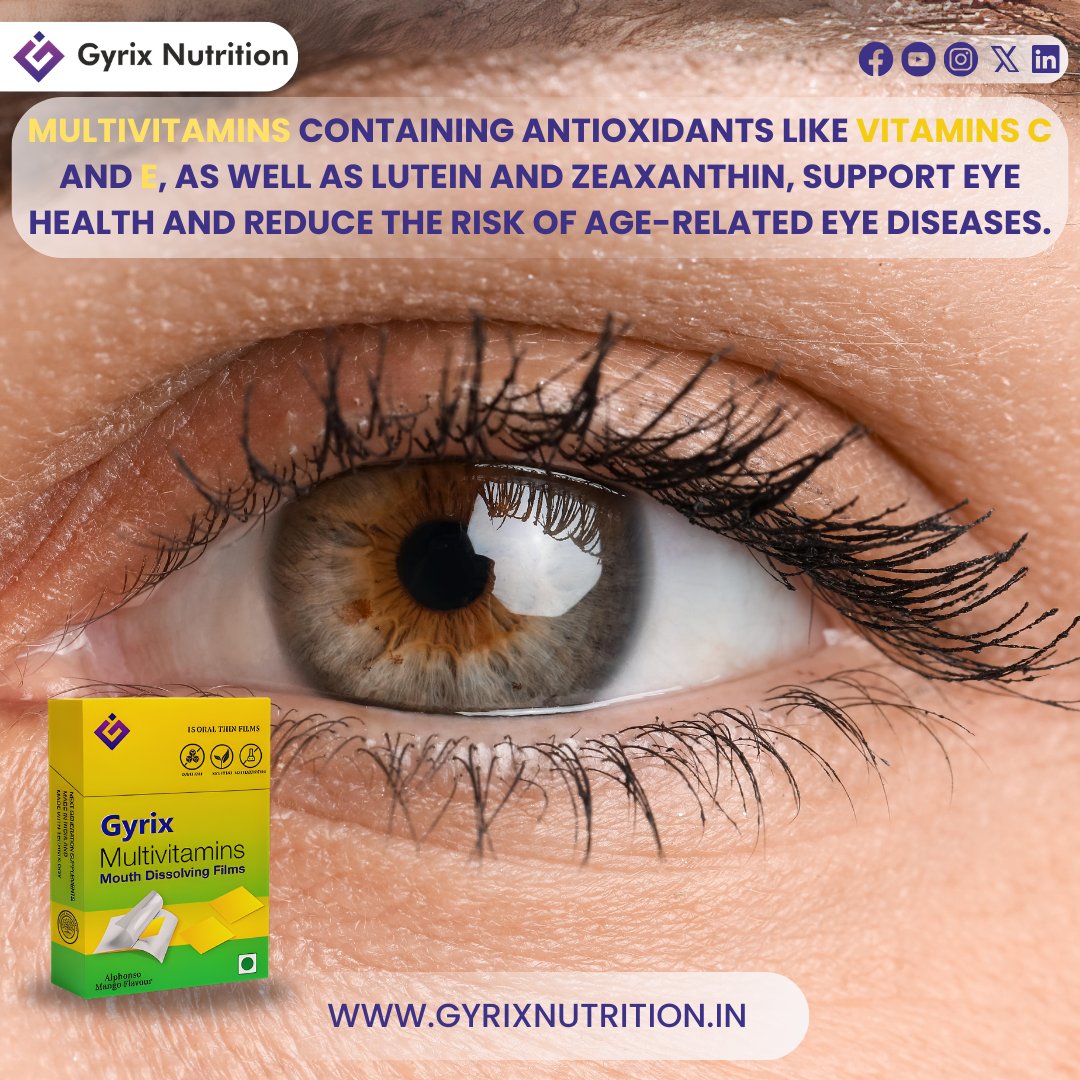 Multivitamins containing antioxidants like vitamins C and E, as well as lutein and zeaxanthin, support eye health and reduce the risk of age-related eye diseases.

To know more, visit our website.
gyrixnutrition.in
#multivitamins #vitamins #vitaminc #eyehealth  #bcomplex