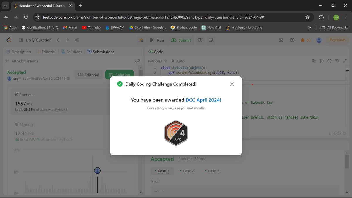 🎉 Exciting news!  I've completed the DCC April LeetCode challenge! 🚀 It was a great journey, and I'm thrilled to complete this.  Thanks to @kirat_tw for the 100x dev course 🔥 #LeetCode #AchievementUnlocked #100x