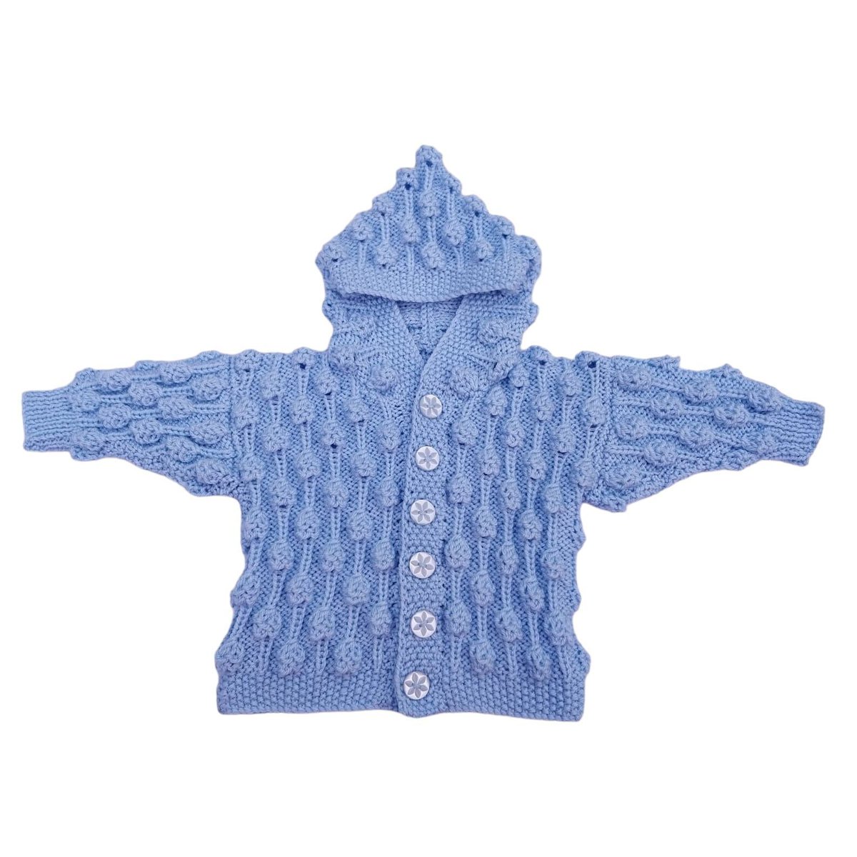 Baby cardigan with hood hand knitted in light blue yarn with an all over textured bobble pattern to fit 0 - 6 months knittingtopia.etsy.com/listing/150638… #knittingtopia #etsy #handmade #UKHashtags #knittedbabyclothes #babygifts #MHHSBD #craftbizparty #uksmallbiz
