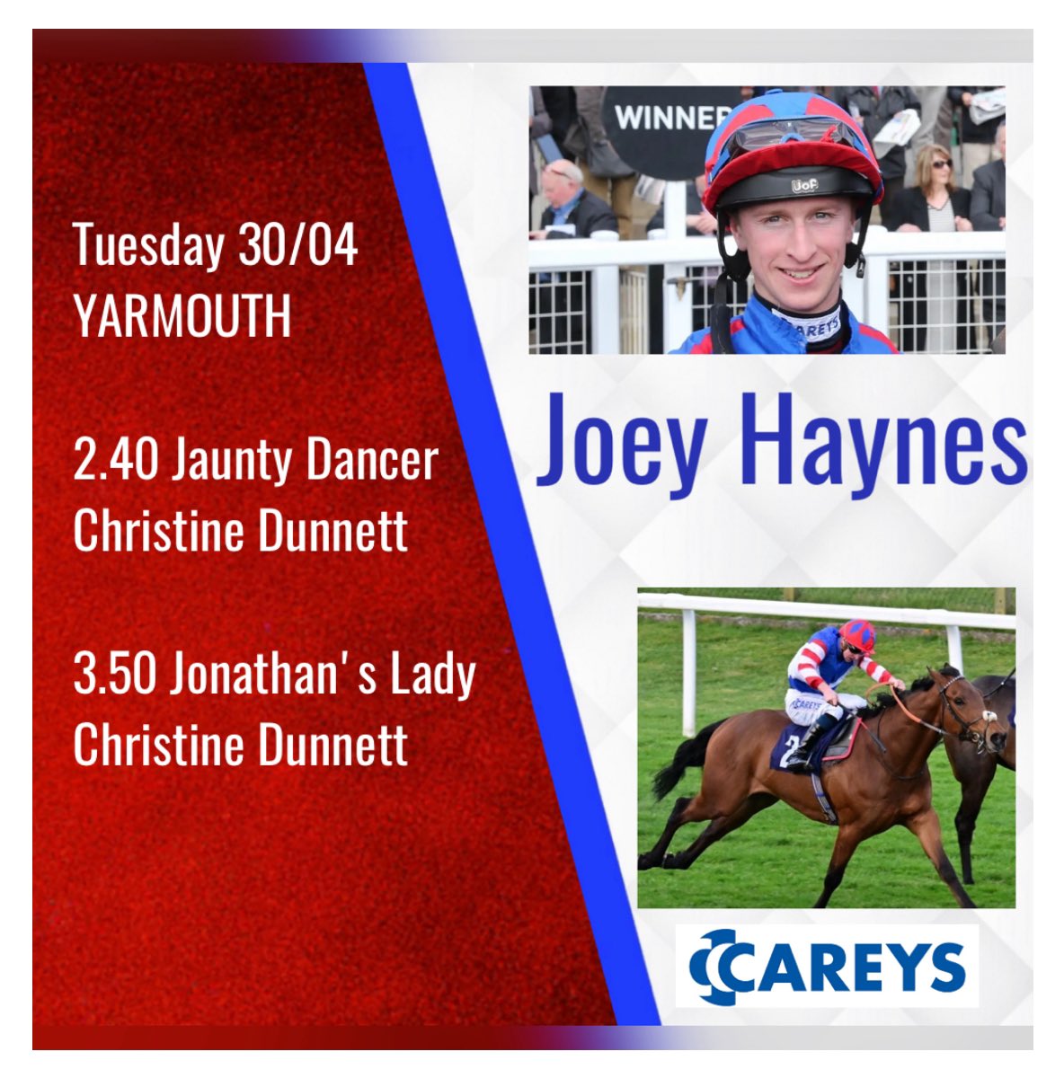 Good luck to @Haynes_joey who is also at @GTYarmouthRaces where he rides Jaunty Dancer & Jonathan’s Lady for Christine Dunnett.
Thanks to Christine & her owners for the support. 🏇🏿