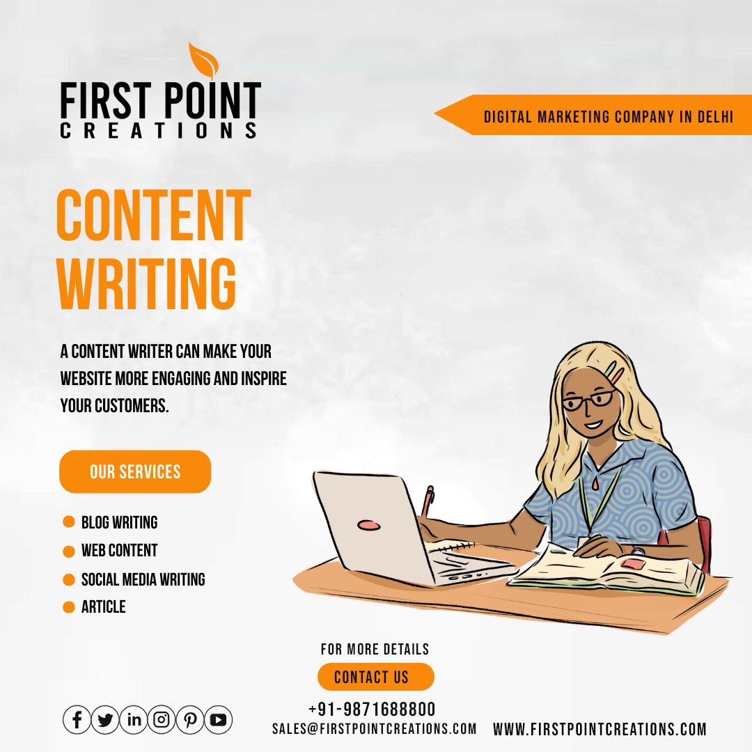 A content writer can make your website more engaging and inspire your customers. FOLLOW US @firstpointcreations Contact Details: ☎ +91 9871688800 | +91 (11) 41552455 🌐 firstpointcreations.com 📧 Email: sales@firstpointcreations.com ✅ WhatsApp Chat: wa.me/919871688800 #fpc