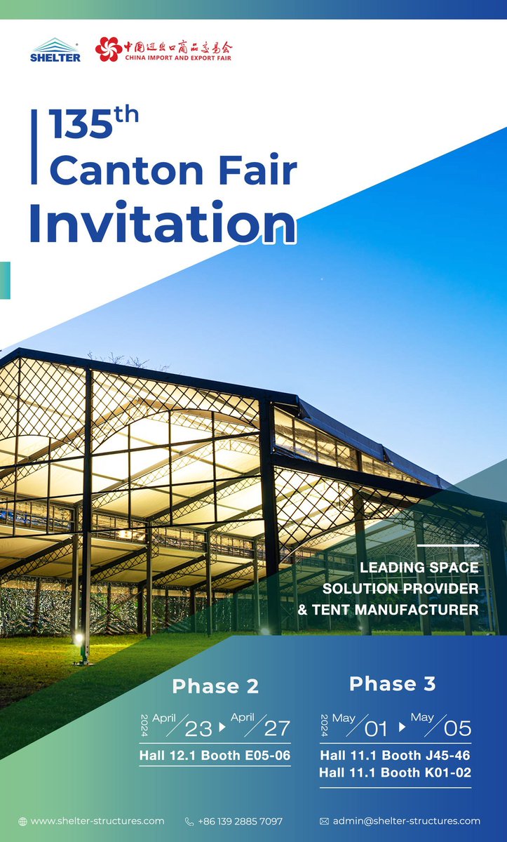 Swing by our #CantonFair booth for a chat about #ShelterStructures—your reliable partner in creating memorable outdoor events. 
Exhibition time: May 1st to May 5th, 2024
#CantonFair #ShelterStructures 

Website: shelter-structures.com
Email：admin@shelter-structures.com