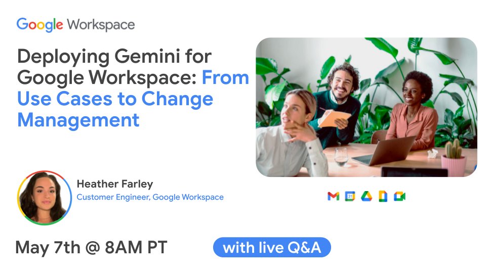 You have access to Gemini for #GoogleWorkspace… now what? Join our digital event to learn practical use cases and change management best practices to unlock the potential of generative AI for your organization. → goo.gle/3UhqWMV