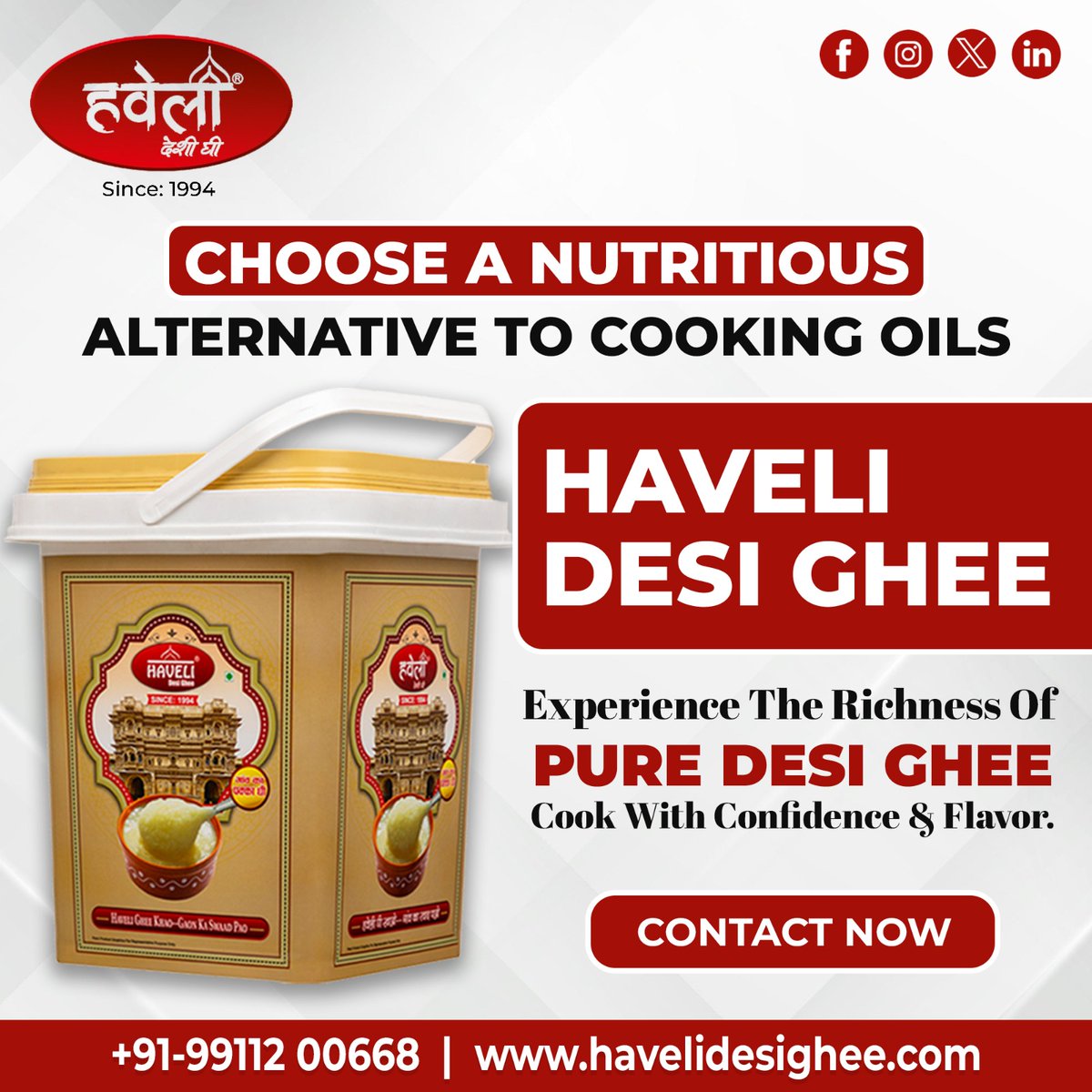 Say goodbye to cooking oils and hello to the nutritious goodness of Haveli Desi Ghee!

Order now 
Visit 🌐 : havelidesighee.com 
Call 📲 +91 99112 00668 

#havelidesighee #flavorfulchoice #healthycooking #authentictaste #havelighee #pureghee #buydesighee #gaonkapakkaghee