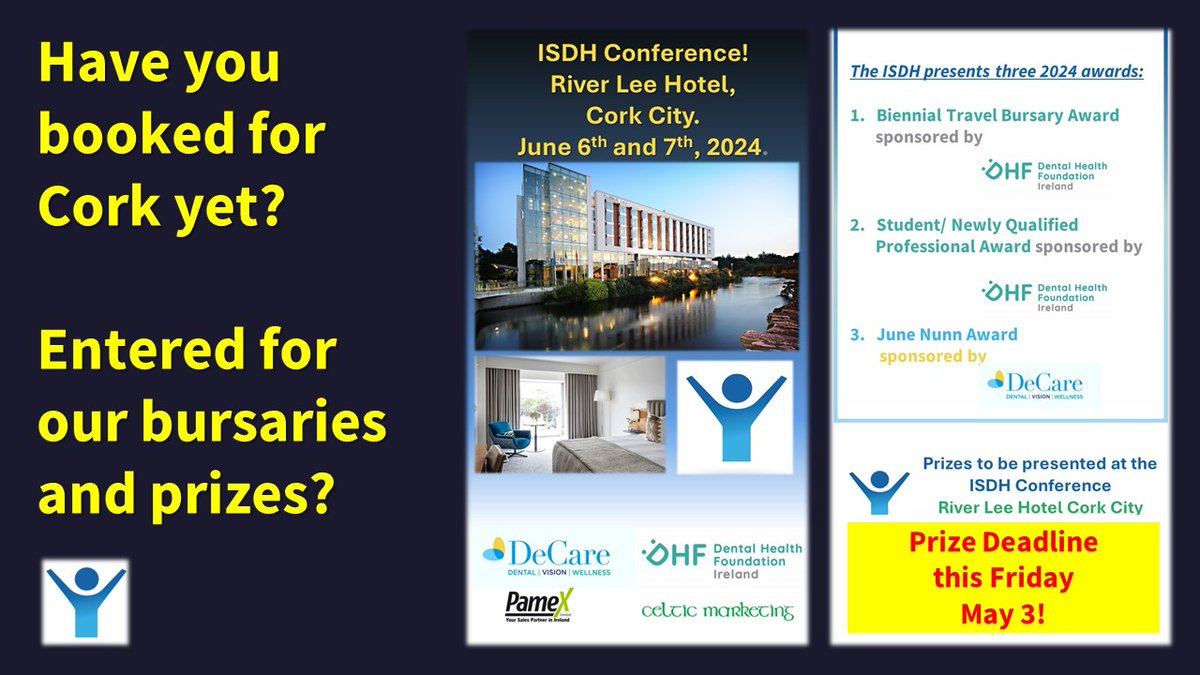Entries to our Bursaries and Prizes close this Friday! Awards will be presented at the Cork Conference on June 6/7 - have you booked yet? Full details on our website isdh.ie/bursaries-and-… #specialcaredentistry @DeCareDentalIE @DHF_Ireland