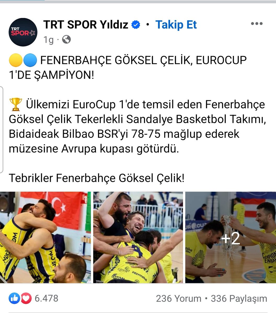 Avrupa Şampiyonu olan Fenerbahce Goksel Celik Tekerlekli Sandalye Basketbol Takimini Tebrik ediyorum. Hem hayat dolu mucadelelerinden dolayi hem de Avrupa Sampiyonluklarindan dolayi...