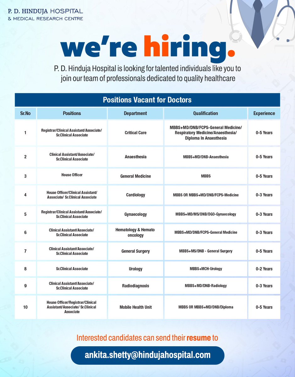 Join the passionate team at P. D. Hinduja Hospital! We're looking for dedicated individuals to fill key positions. Ready to make a difference in healthcare? Send your resume to ankita.shetty@hindujahospital.com today! #PDHH #QualityHealthcareForAll #Hiring #ApplyNow #Jobs
