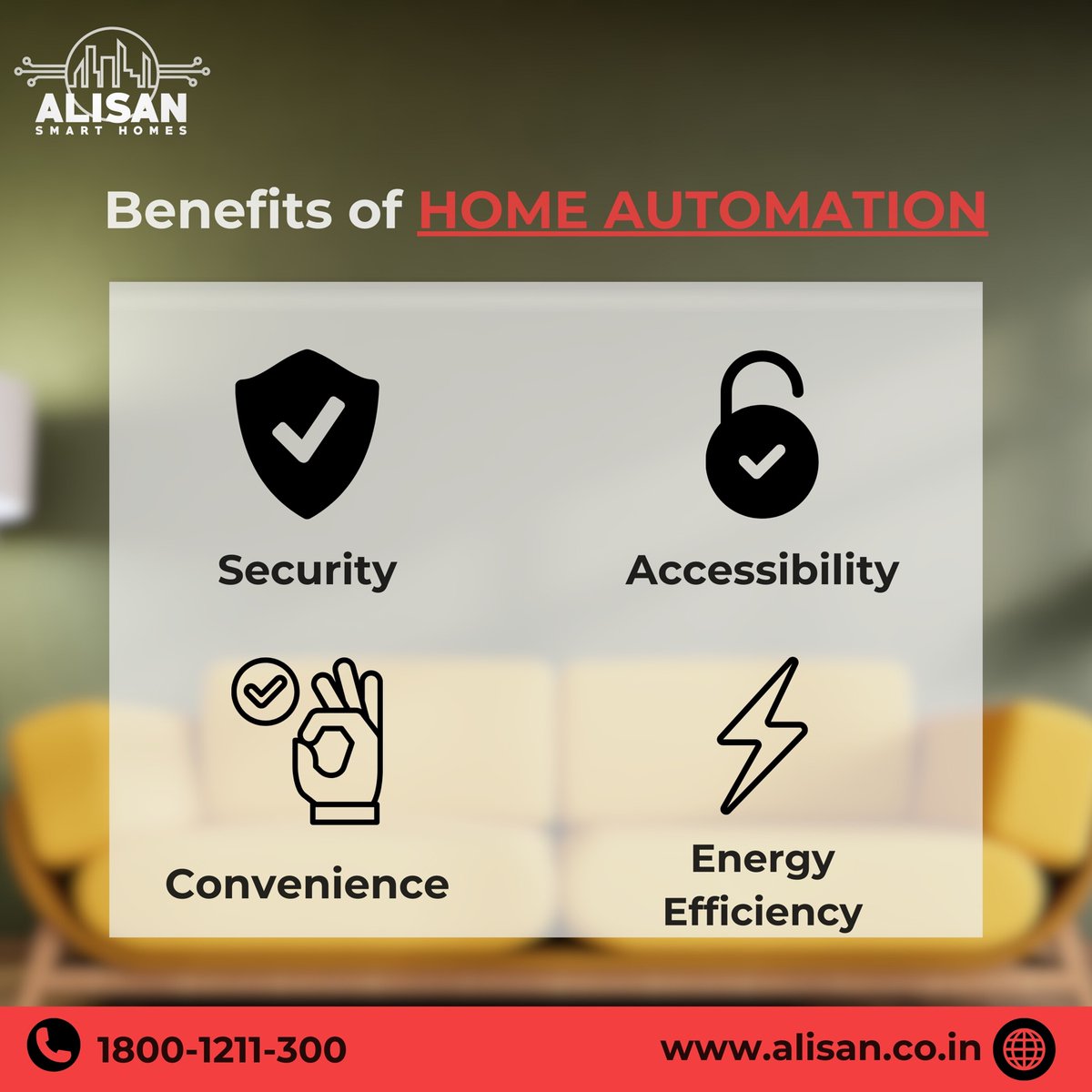 Step into the future with Alisan Smart Homes! Discover the endless benefits of home automation: convenience, security, energy efficiency, and more. #HomeAutomation #SmartLiving #Convenience #Security #EnergyEfficiency #Innovation #FutureTech #ConnectedHome #SustainableLiving