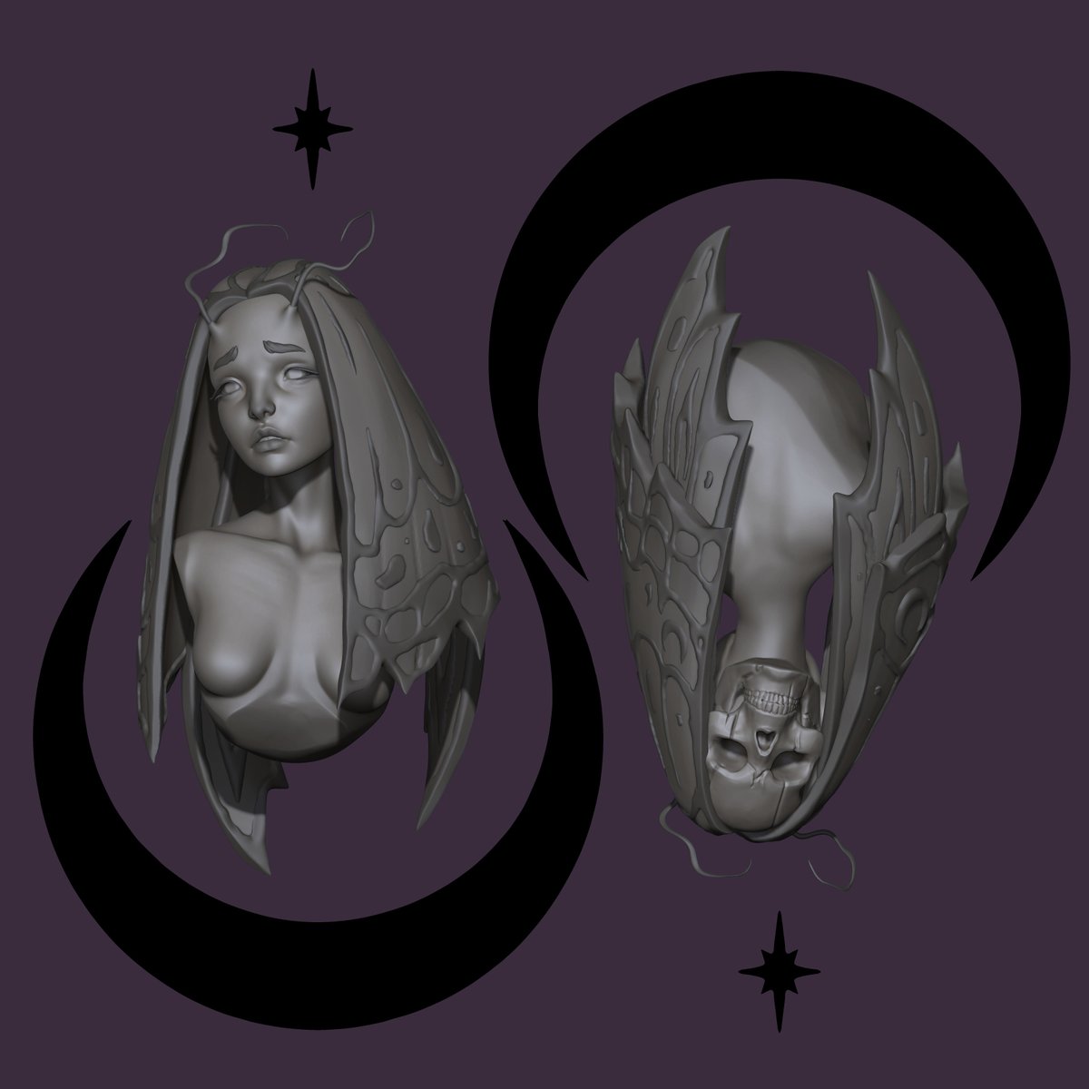 L_Chrysanthi's tweet photo. Character sketch inspired by the"Death's-head hawkmoth" 💀

#sculpt #zbrush #mothgirl #3dart https://t.co/5lwuLpVNeC