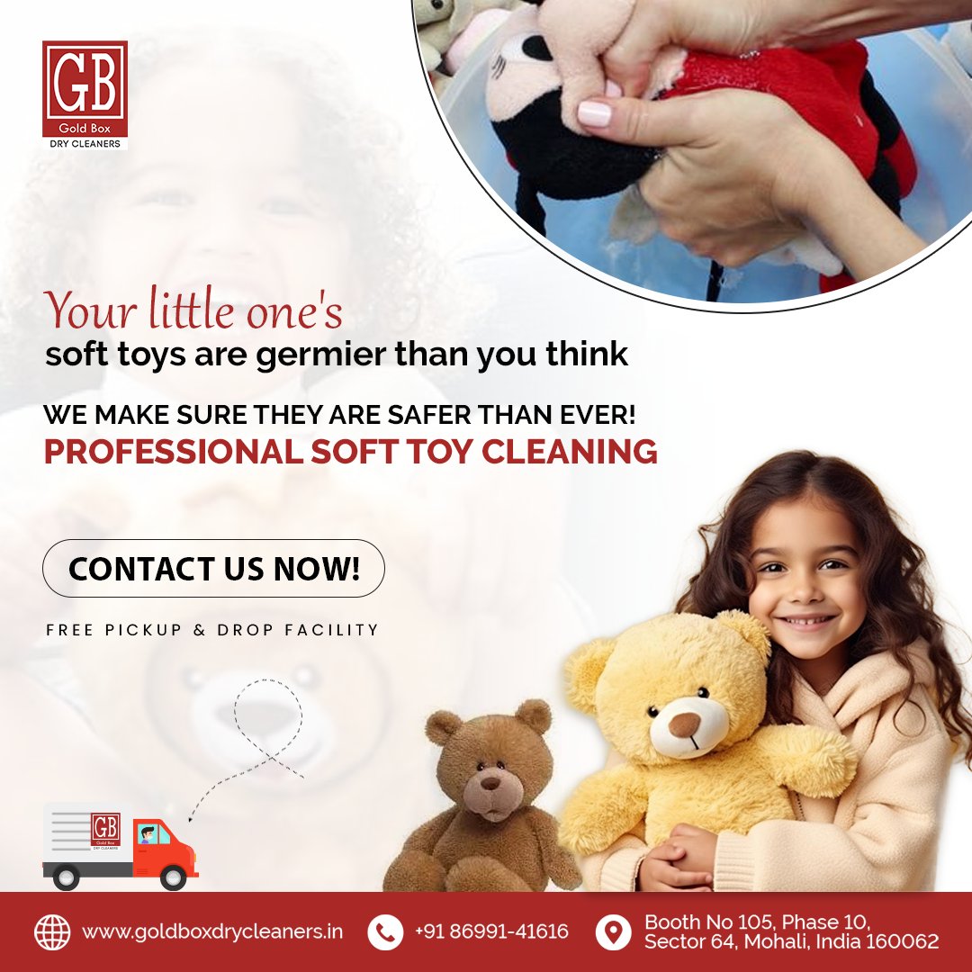 Did you know your little one's soft toys can harbor germs? 😱 
Call us at☎️ 8699141616 or Visit at 📍goldboxdrycleaners.in
#GoldBoxLuxuryCare #BusinessImageUpgrade #CommercialDryCleaning #ProfessionalCleaningServices #DryCleaningExperts #QualityService #PickupAndDelivery