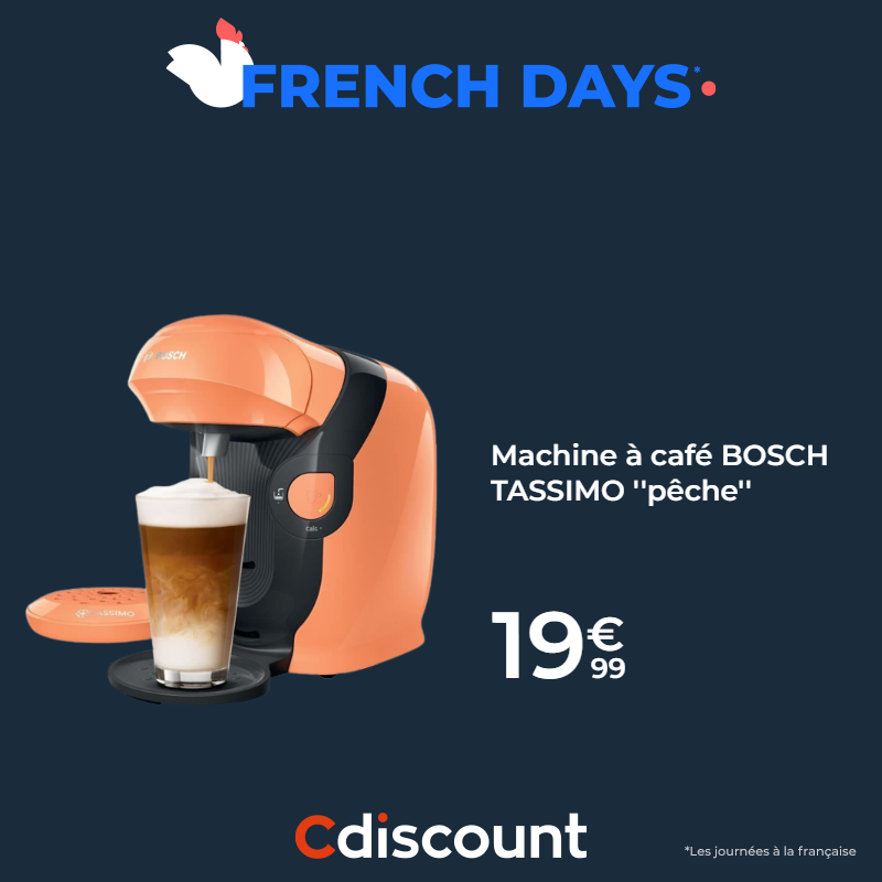 🇫🇷 Lancement des #CdiscountFrenchDays Jusqu'à 55% d'économie ➡️ bit.ly/3qfAo2e 🔥 Et 10% à cagnotter pour les membres Cdiscount à volonté 👛 BOSCH TASSIMO ''pêche'' à 19,99€ 🛒 bit.ly/3UwFmtN