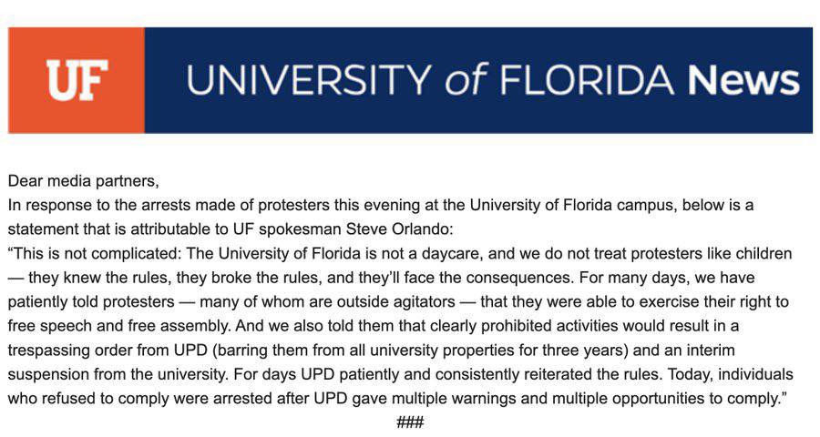 'The University of Florida is not a daycare, and we do not treat protesters like children — they knew the rules, they broke the rules, and they’ll face the consequences.'

A voice of reason! 👏 👏