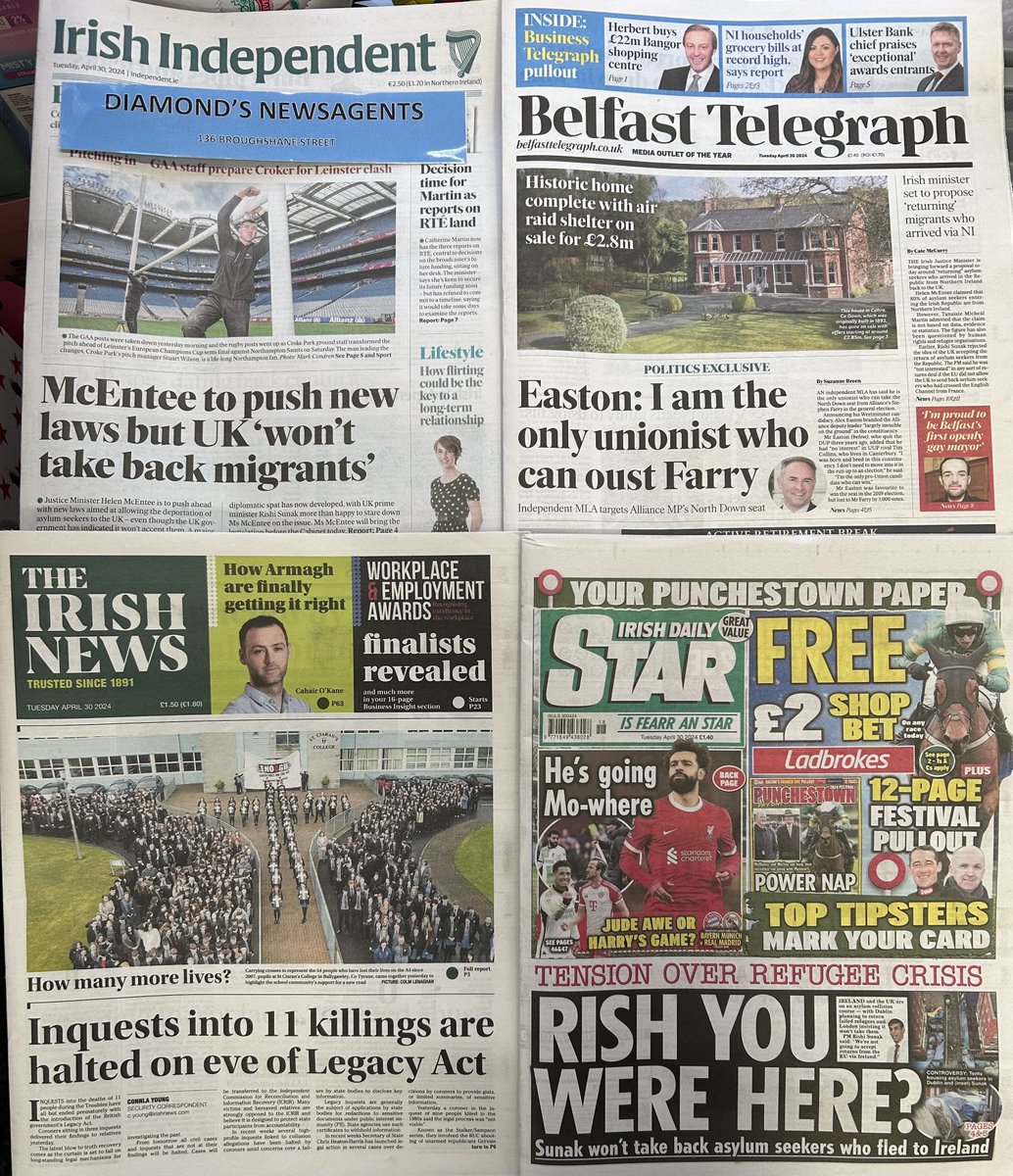 TUESDAY 30-4-23 ….. 6.30am THESE ARE THE ONLY NEWSPAPERS AVAILABLE SO FAR THIS MORNING IN BALLYMENA……#BuyANewspaper