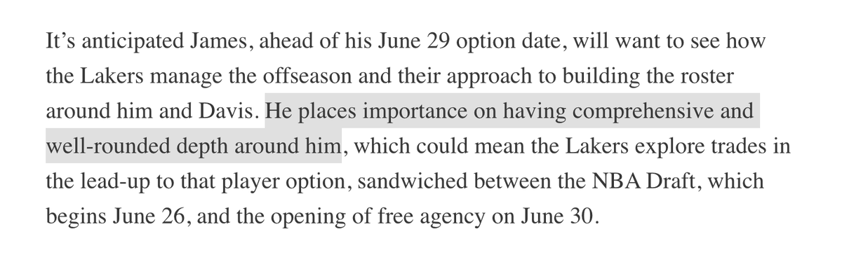 'Well-round depth depth.' 'WELL-ROUNDED DEPTH.' 'LeBron places importance on having well-rounded depth.' Please, please remember these words when the 'Lakers should trade everything for INSERT HIGH-USAGE BALL-HANDLER THAT DOESN'T DEFEND HERE.'