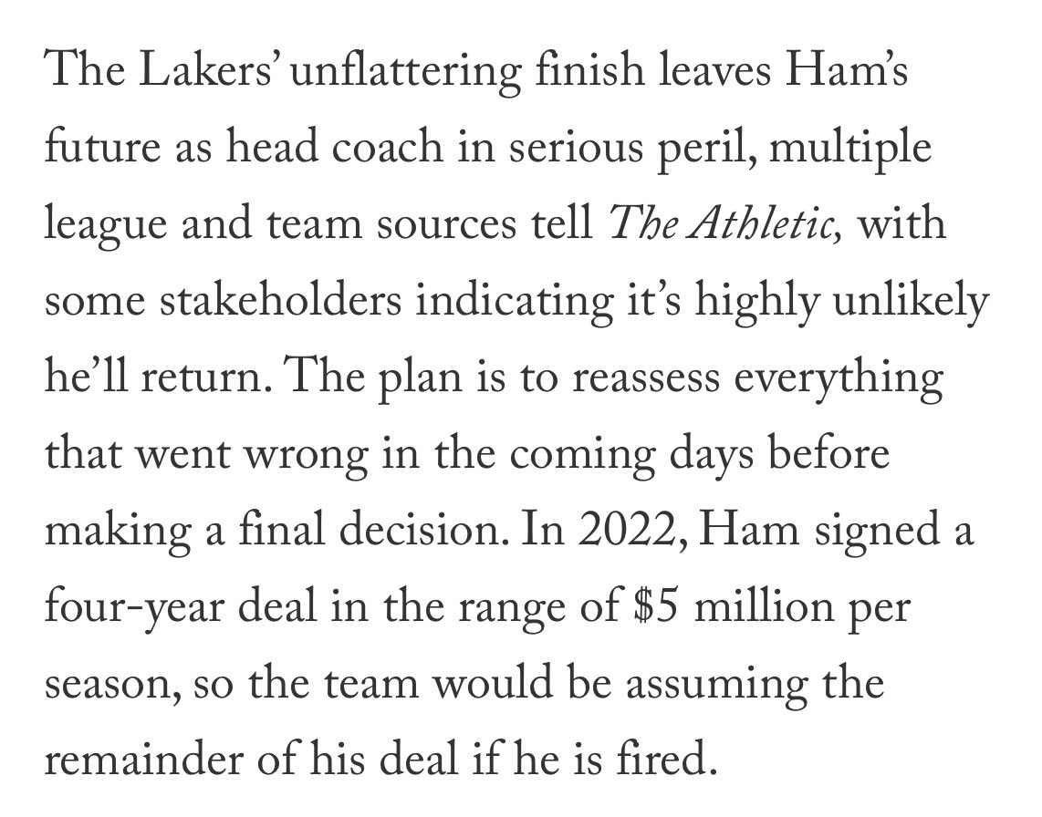 « Très peu probable » que Darvin Ham revienne en tant que coach des Lakers la saison prochaine. theathletic.com/5453498/2024/0…