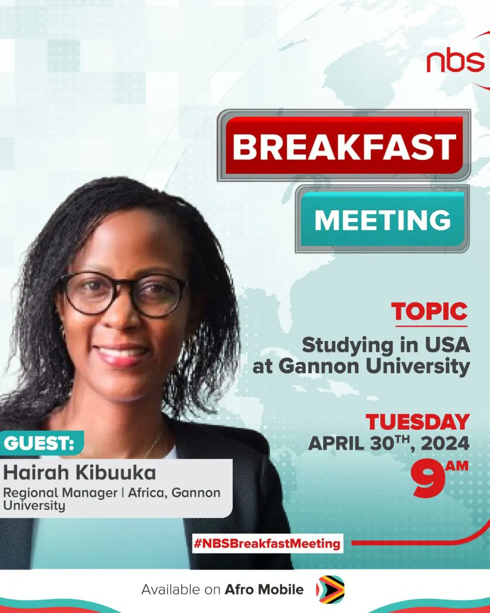 📢 Explore study opportunities @GannonU in USA with Dr. George T. Sipos and Hairah Kibuuka. 

Tune in to today's #NBSBreakfastMeeting at 9:00 am

#StudyInUSA
#NBSUpdates #StudyAbroadWithSharz