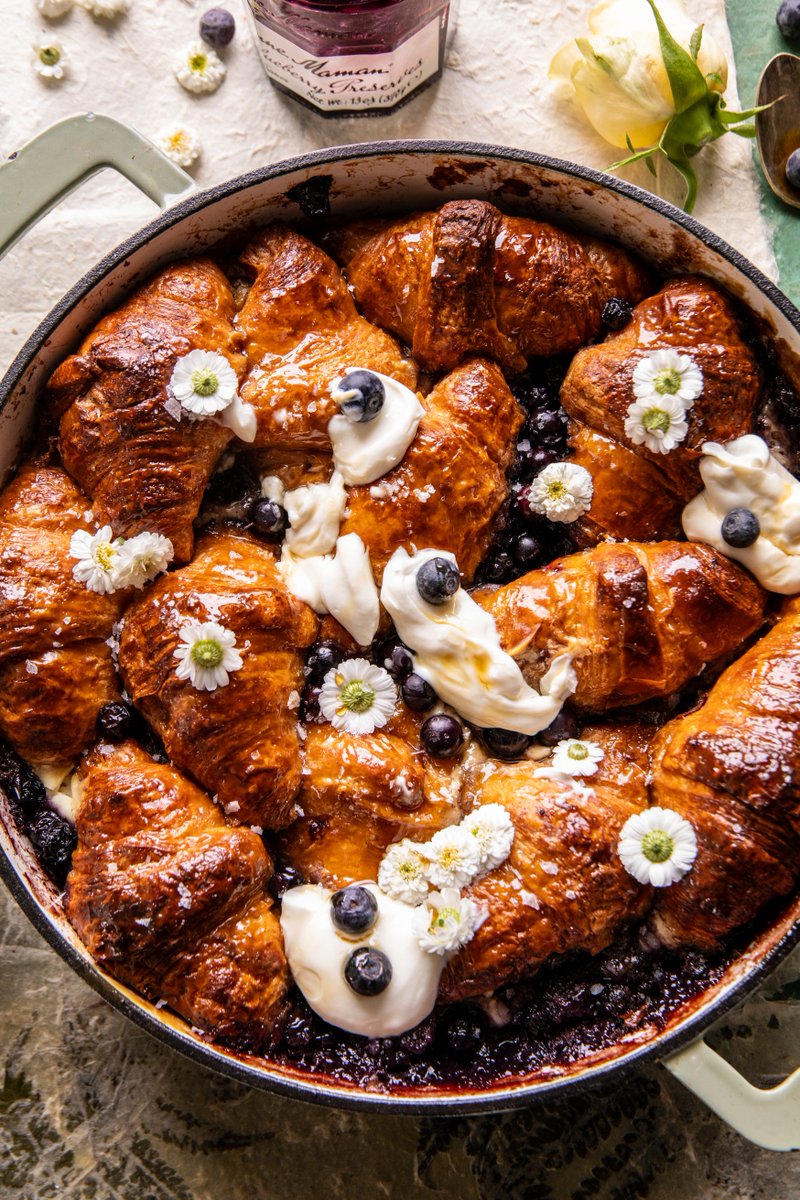 New! Blueberry Croissant French Toast Bake. Soft, flaky croissants layered with blueberry jam and whipped ricotta cheese. I mean? It's DELICIOUS. halfbakedharvest.com/blueberry-croi…