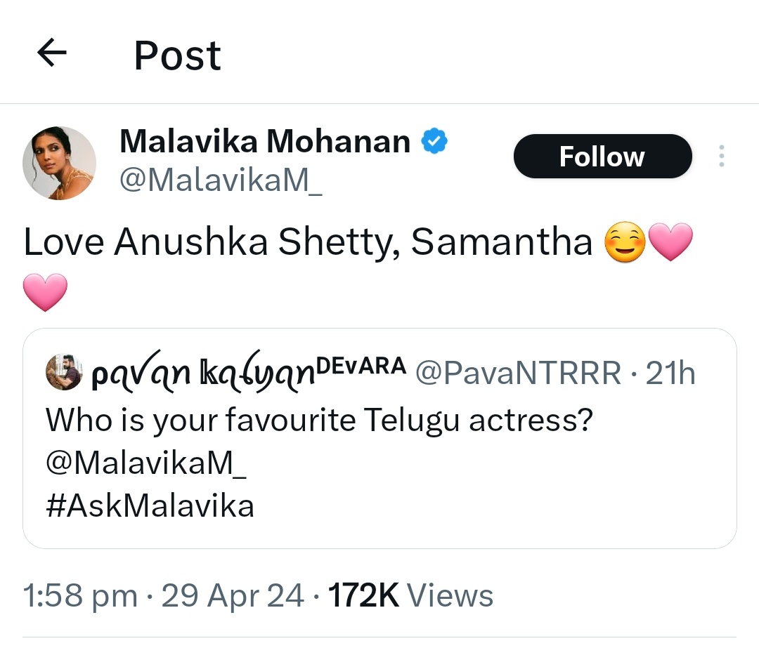Actress #MalavikaMohanan has mentioned that #AnushkaShetty and #Samantha are her favorite actresses from Tollywood! ❤️