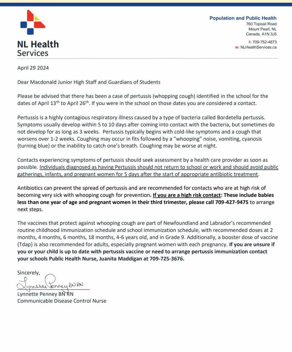 Pertussis (whooping cough) alert for a Newfoundland and Labrador school. Reporting illnesses such as this has been a major part of Viral Mitigation for decades. This should be done for Covid19. We don’t embrace other viruses. #whoopingcough #Newfoundland #School #maskup #covid