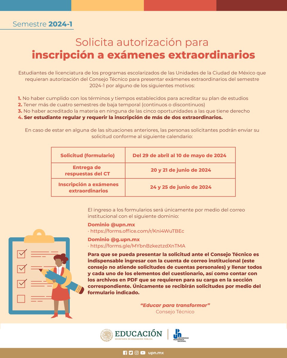 🤓Recuerda que el ingreso a los formularios es únicamente por medio de correo institucional con los siguientes dominios: 💙Dominio @upn.mx forms.office.com/r/Kni4WuTBEc 💙Domino @g.upn.mx forms.gle/MYbnBzkeztzdXn…