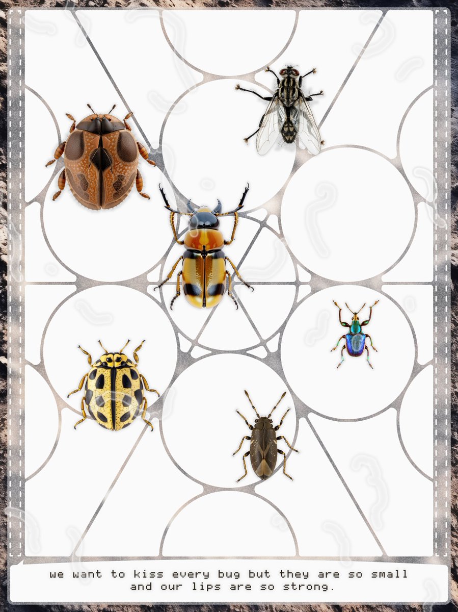 we want to kiss every bug but they are so small and our lips are so strong.

Biome: REGOLITH
Grid: FRUIT
Leaf: CHAT L 
Gate: PLACEHOLDER
Dialogue: 64
Composition: Reminiscing Archived Past Pursuits
Overlay: FLOATERS

Specimens~
Type Ladybird: Horsey Coccinella Psyllobora
Type…