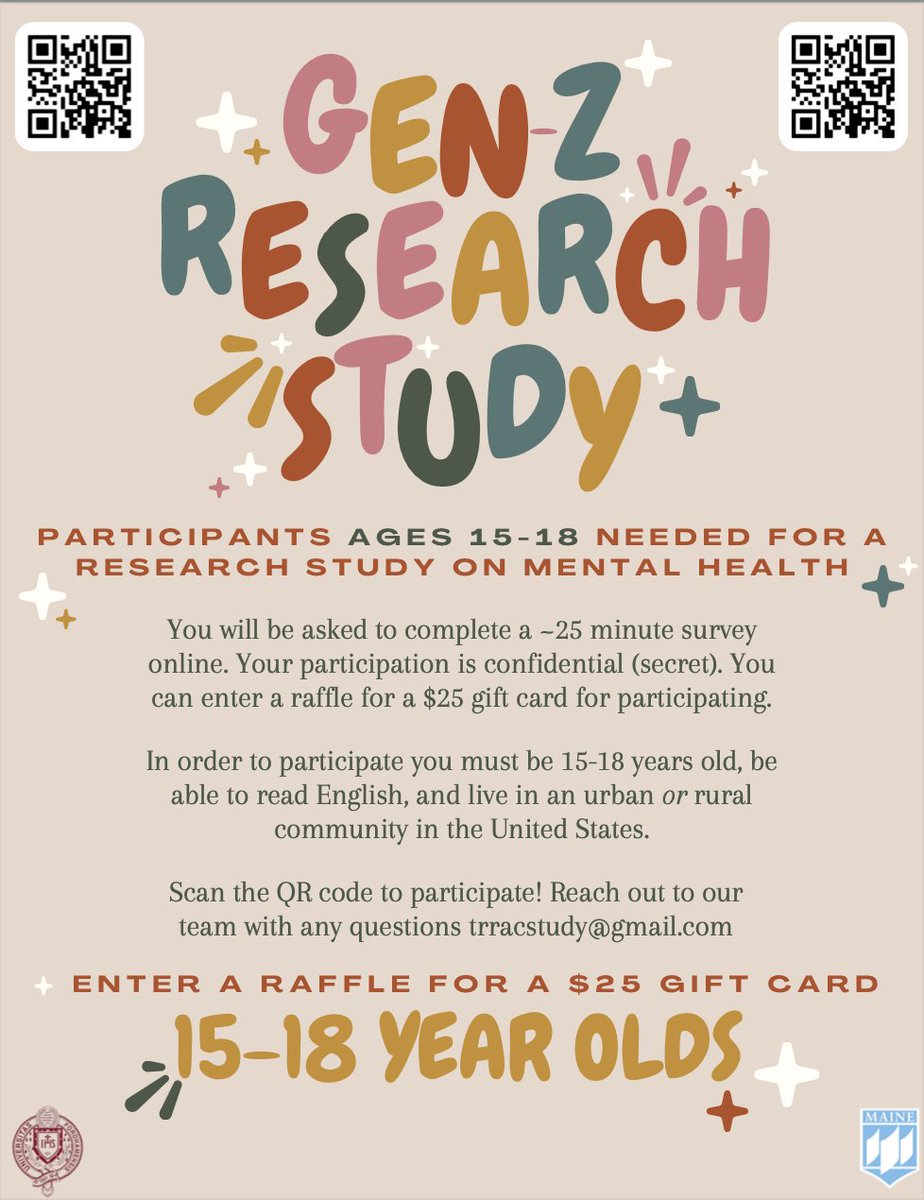 FordhamTRRAC's tweet photo. Participate in our research study for Gen-Z ages 15-18! We're interested in learning about your mental health, technology use, and coping! You can enter for a chance to win a $25 Amazon gift card!

Participate and learn more here: https://t.co/Ogp5onHqEG https://t.co/CdpHjY1a4x