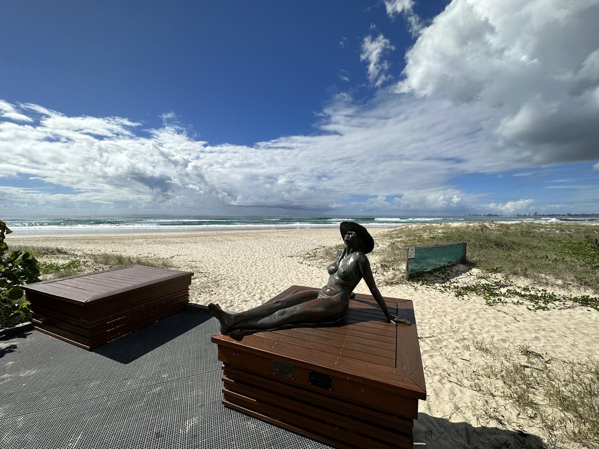 Good morning from Currumbin, looking south to Coolangatta. This is the “Sunbathing Lady” sculpture by Dion Parker.