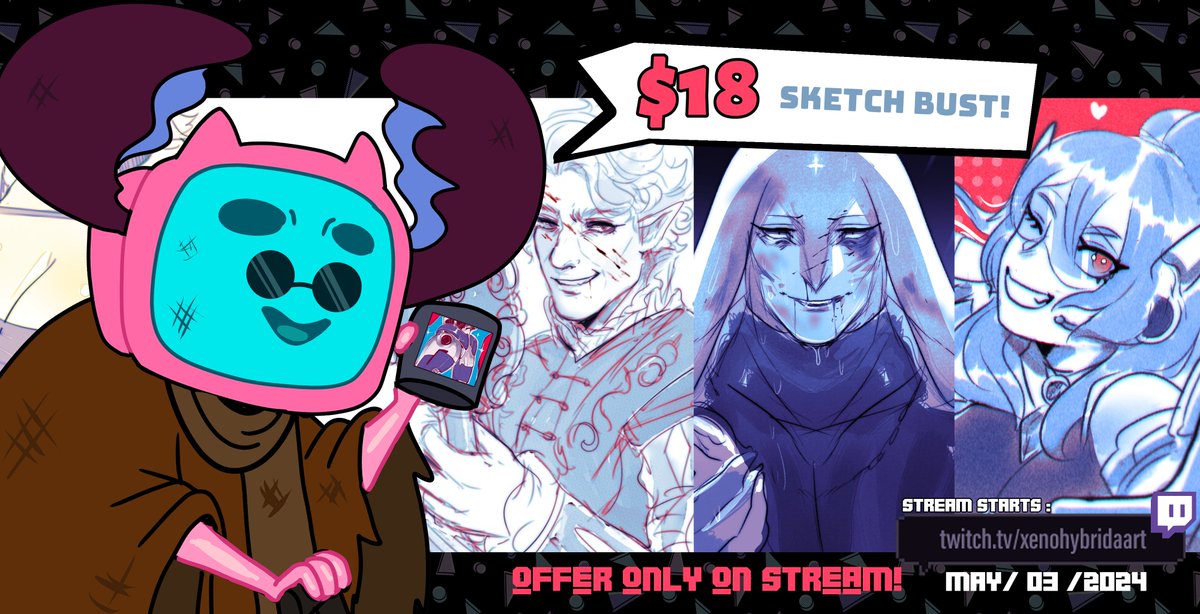 ~ SPARE CHANGE! Get anything you want draw on the stream and finish right there first come first serve! If you donate me over $18 will be making this quick sketch colored commish but only that day so stay alert when I start streaming that day! on may/03/2024