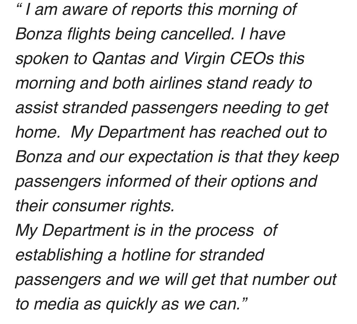 Catherine King statement: “My Department has reached out to Bonza and our expectation is that they keep passengers informed of their options and their consumer rights” | @6NewsAU