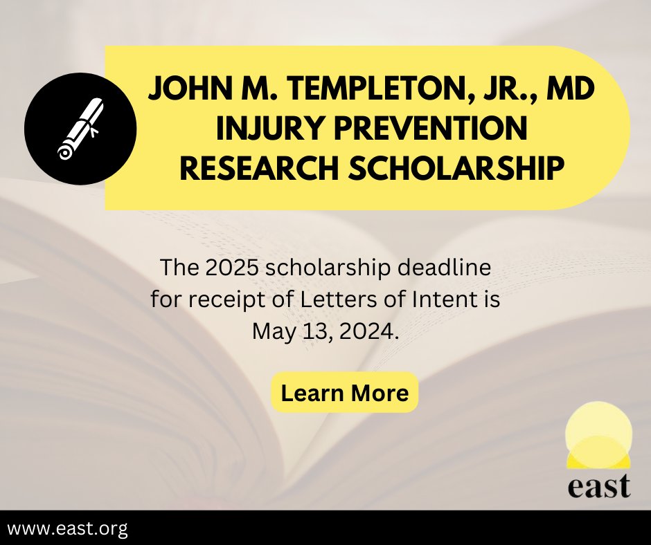 Dr. Templeton’s vision was to help support a young investigator perform an interventional trial in the field of injury prevention. The deadline for receipt of Letters of Intent is May 13, 2024. Submit yours today! bit.ly/3JjDEFX

#surgtwitter #medtwitter