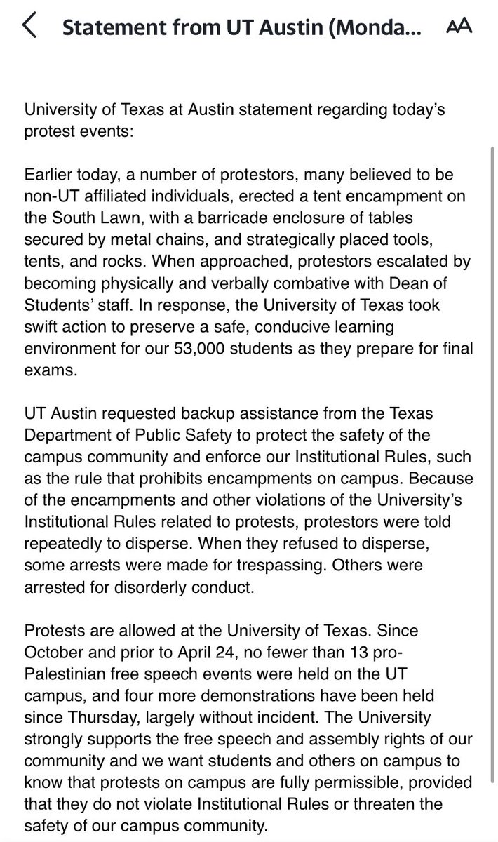 AUSTIN, TX: @UTAustin releases another statement on the protest from today.

#txed #txlege #israel #protest