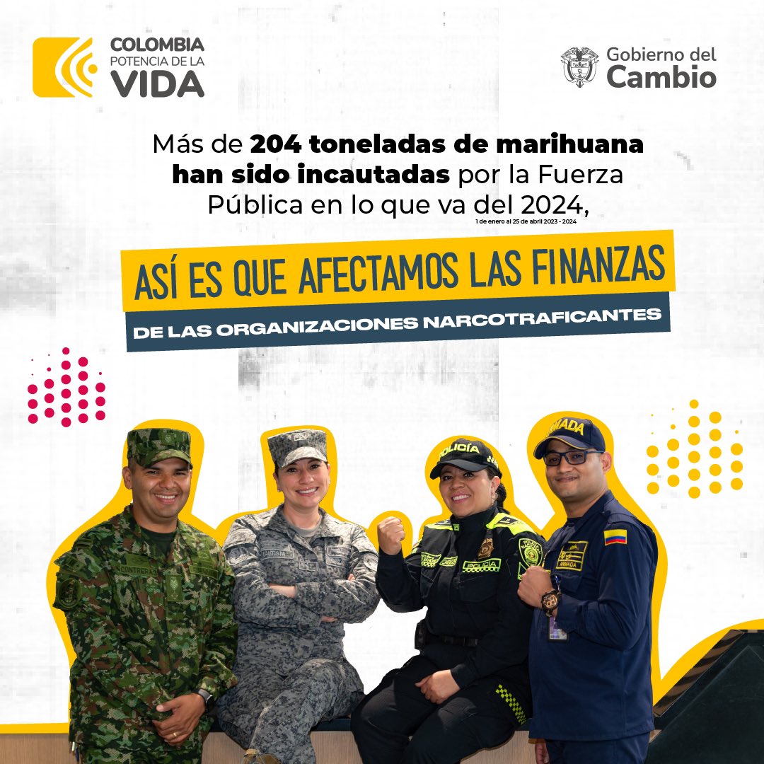 #LeMarchoAlCambio ✊🏼🇨🇴 | Seguimos dando pasos importantes en la lucha contra el narcotráfico y perseguimos a los dueños del negocio, no a los eslabones más débiles de la cadena. En los primeros 115 días del año, la Fuerza Pública incautó un 46% más de marihuana, con respecto al