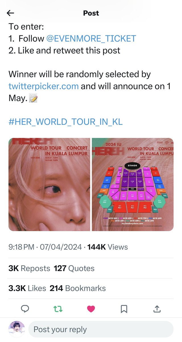 meismez's tweet photo. @EVENMORE_TICKET Thankieww for the give away 🥺 Want to see IU!!! 💗💗 https://t.co/pRLoEPSTDl