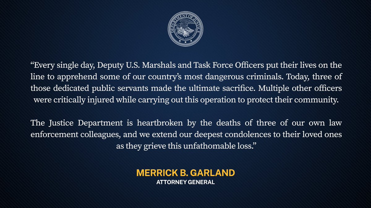 Attorney General Merrick B. Garland Statement on the Shootings of Law Enforcement in North Carolina During U.S. Marshals Task Force Operation 🔗: justice.gov/opa/pr/attorne…