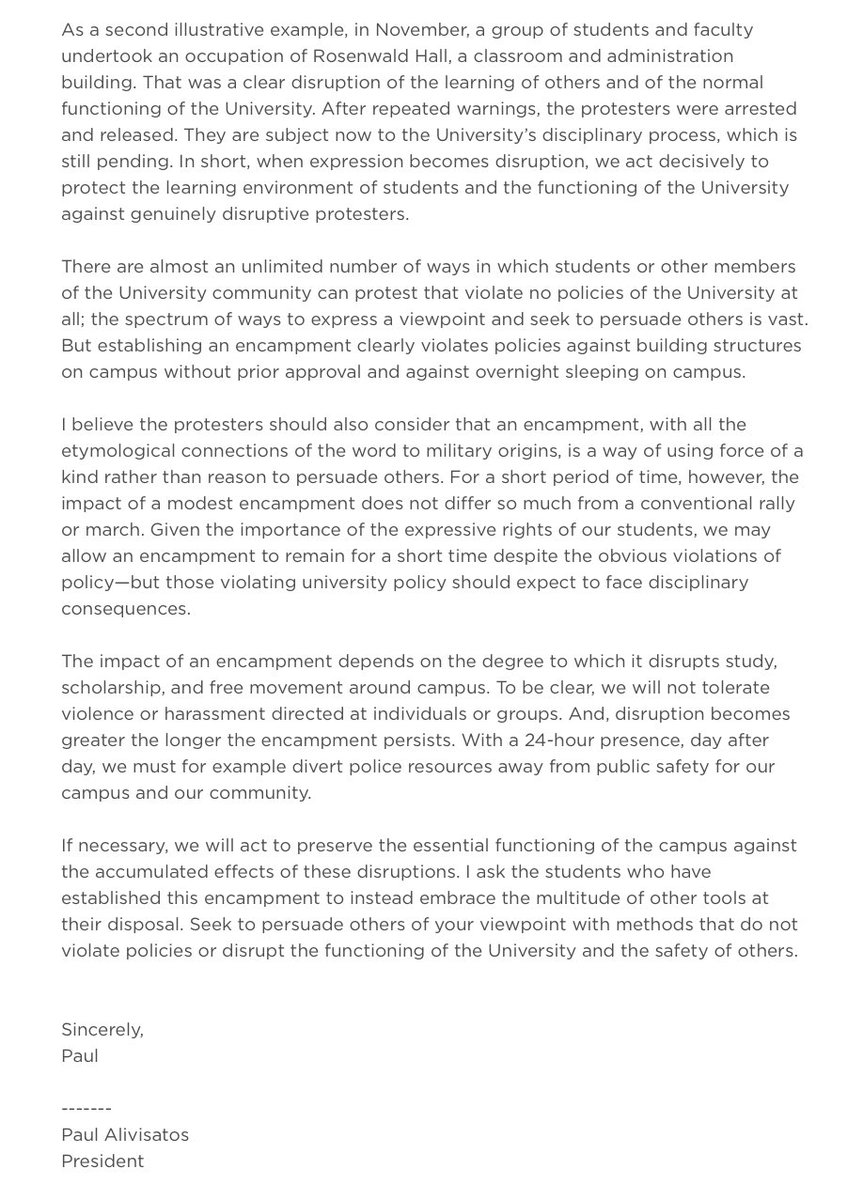 Students at the University of Chicago have setup an encampment. Here is the response from the university’s president: