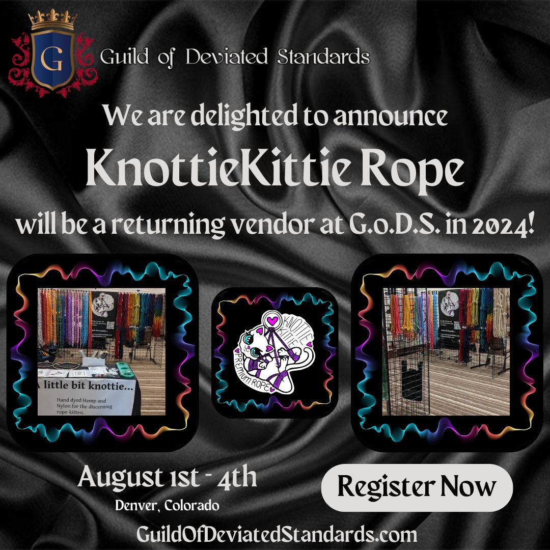 We are pleased to announce KnottieKittie Rope to our dynamic vendor mart this year.  Check out their amazing rope selection online at knottiekittie.com while you wait to see them at Guild of deviated Standards, August 1-4, 2023.

#bdsmdenver #bdsmevents #kinkcommunity