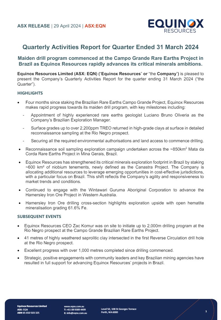 Equinox Resources is pleased to present the Company’s Quarterly Activities Report for the quarter ending 31 March 2024. ow.ly/E08v50RrsgU $EQN #resources #ASX #criticalminerals #RareEarths