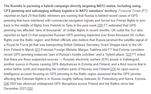 The Kremlin is pursuing a hybrid campaign directly targeting NATO states, including using GPS jamming and sabotaging military logistics in NATO members’ territory. 🧵(1/8)