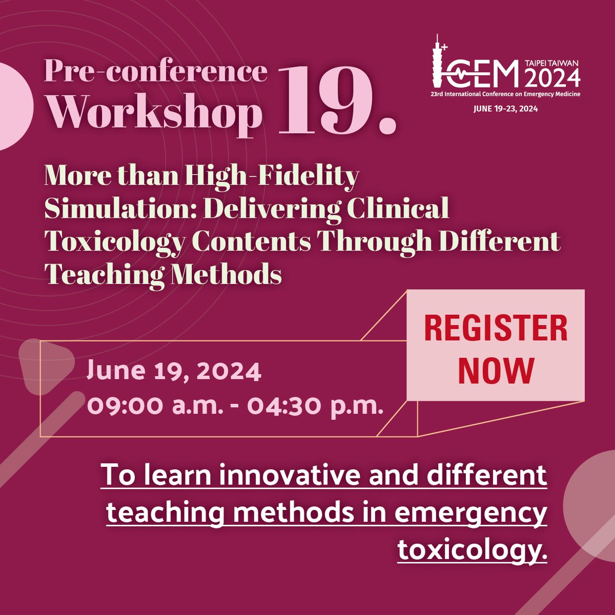 Calling all emergency medicine professionals! Elevate your skills with our preconference workshops designed to sharpen your clinical expertise and enhance patient care. Learn more and register: icem2024.com/pre-conference