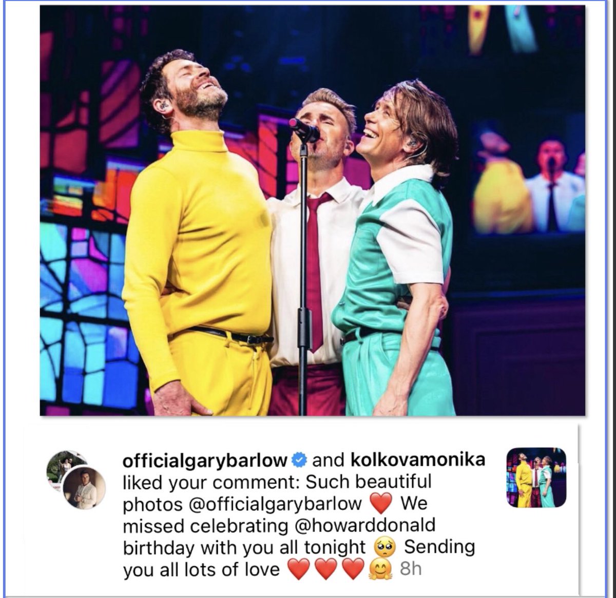 @GaryBarlow ❤️ Thank you so much for your like today. We really missed you on #Howards special birthday weekend. Just want you to know that you are a very special band and you mean the world to both Alex and me and you always will @takethat #ThisLife #sendinglove ❤️❤️❤️🤗🥁