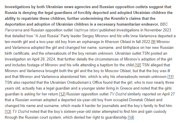 Investigations by both Ukrainian news agencies and Russian opposition outlets suggest that Russia is denying the legal guardians of forcibly deported and adopted Ukrainian children the ability to repatriate these children. (1/2)