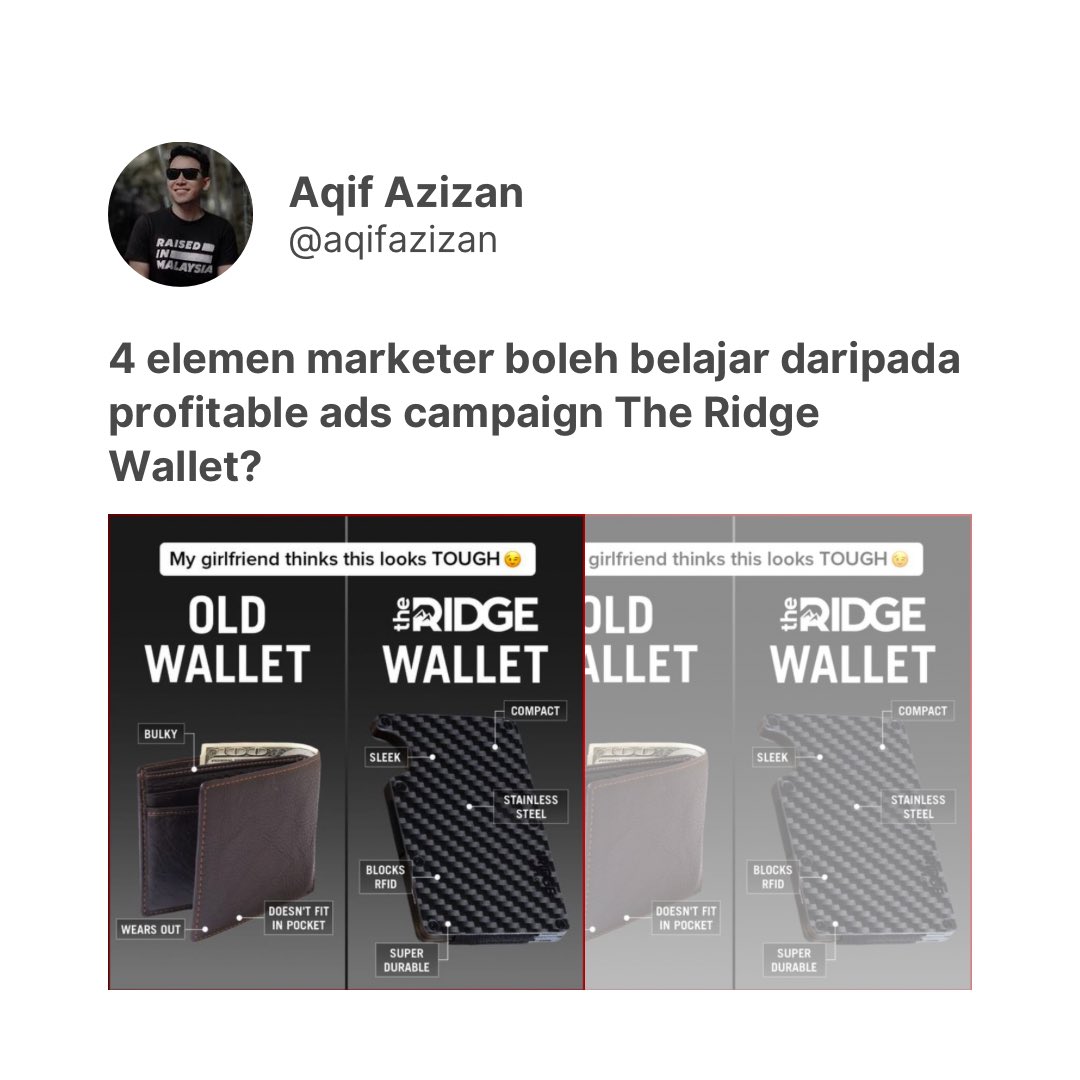 4 elemen marketer boleh belajar daripada profitable ads campaign The Ridge Wallet?

Ini adalah salah satu gambar iklan yang mereka gunakan.

Kita akan bedah siasat elemen yang nampak jelas.