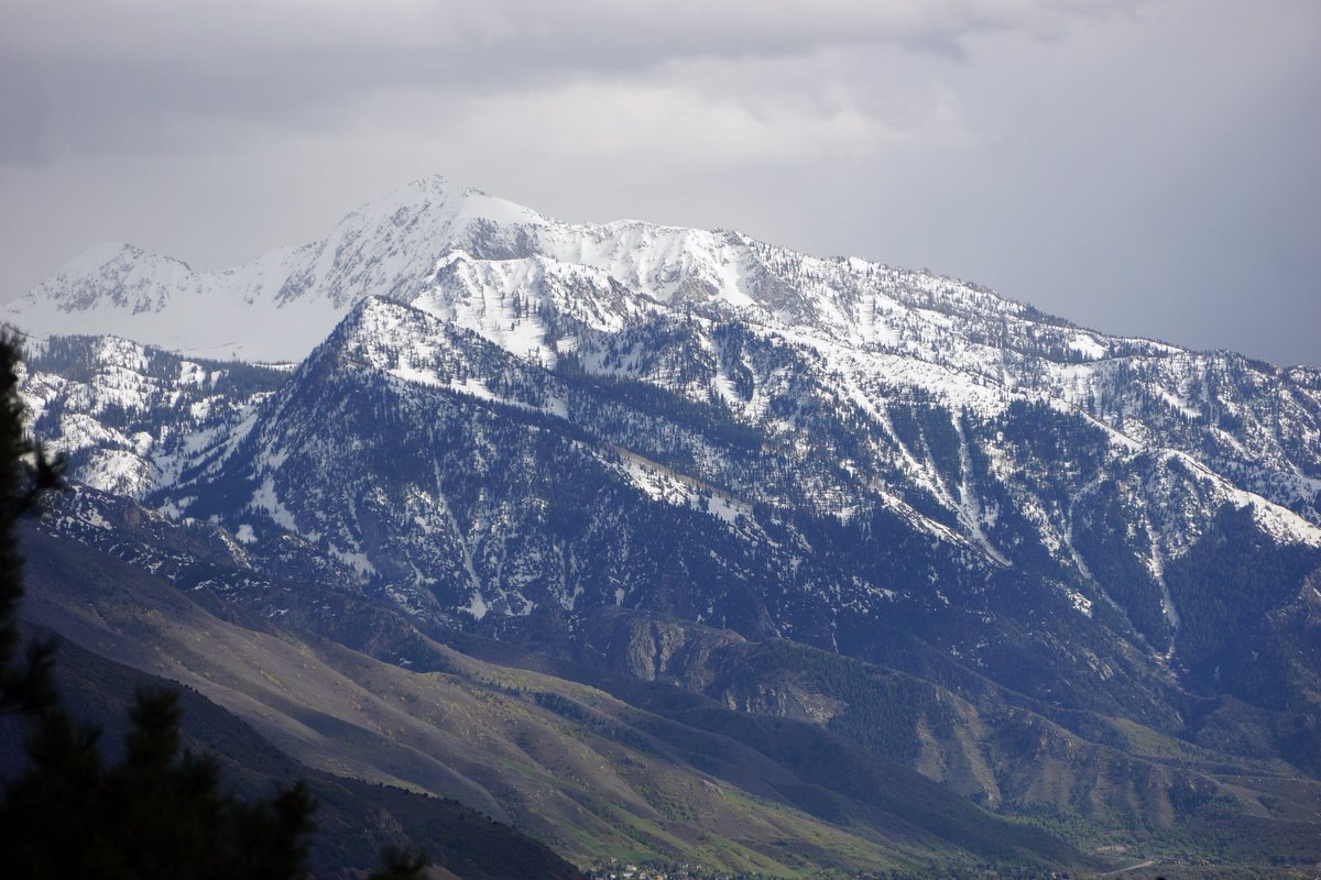 Great contrast tonight with fresh snow up high, green foothills, and stormy skies over the Wasatch #utwx