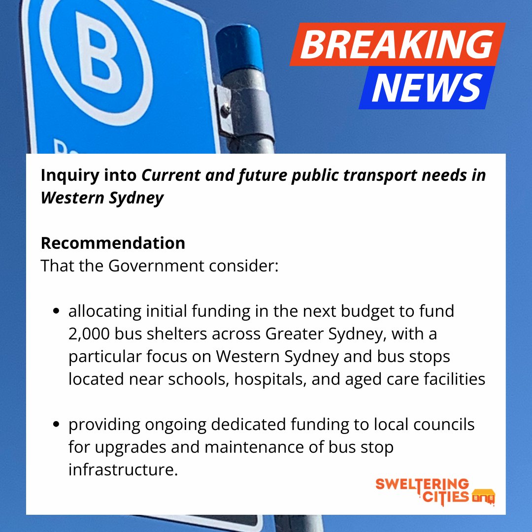 What do we love? Good bus shelter news! The Inquiry into W Sydney public transport has released their report with a recommendation for state funding for 2000 more bus shelters! We'll be following up with Minister for Transport @johaylen to see what their response will be.