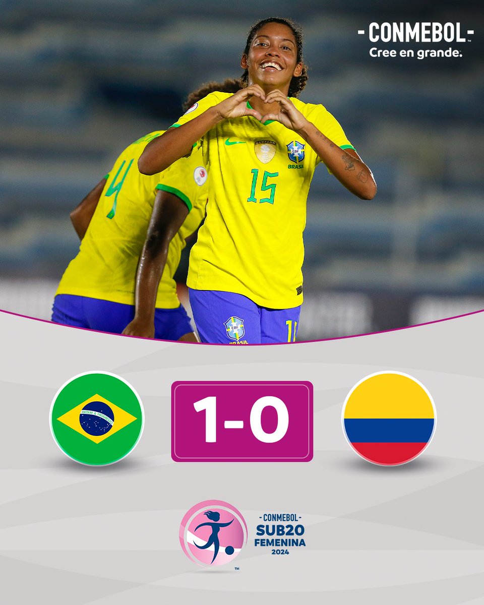 Vitória da @SelecaoFeminina! Em duelo de líderes, o #Brasil bateu a @FCFSeleccionCol por 1-0, após três partidas da Fase Final da CONMEBOL #Sub20FEm. 🔰💪 ¡Victoria de brasileña! En el duelo de líderes, #Brasil venció a #Colombia por 1-0 por el tercer partido de la Fase Final de…