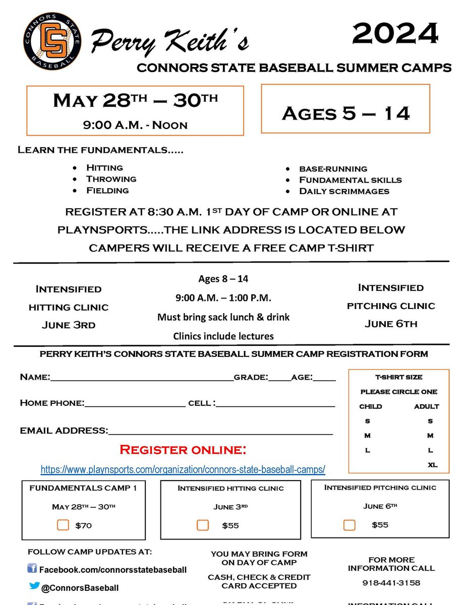 Learn the fundamentals from college coaches Coming soon! Connors State Baseball Camps for more info call 918-441-3158 Register Online playnsports.com/organization/c…