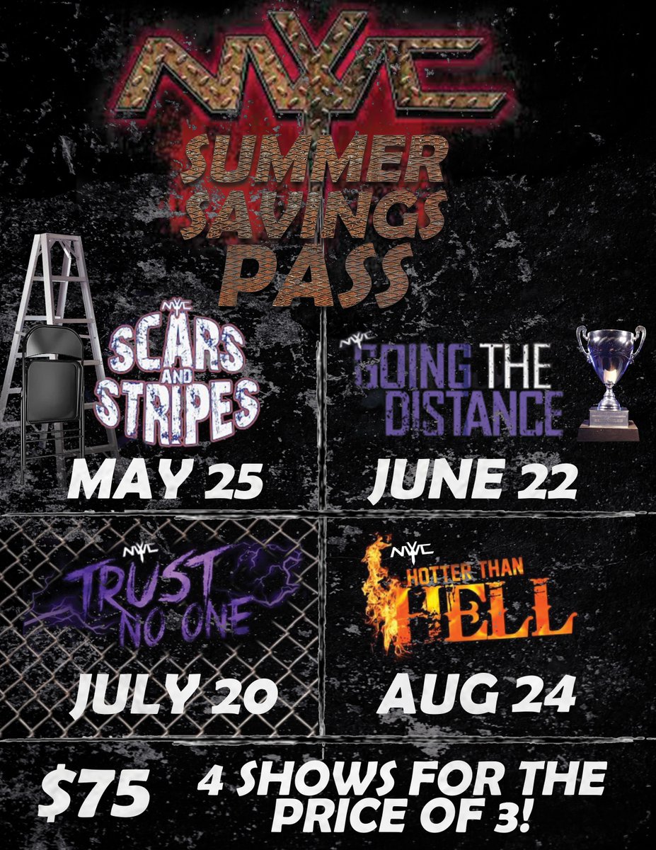 For a limited time NYWC is offering our Summer Savings Pass! For just $75 you get General Admission access to 4 of our main shows this summer!

Don't miss your chance to see the entire Heart & Soul Cup, a Steel Cage, and more!

Head over to nywcprowrestling.com for yours!