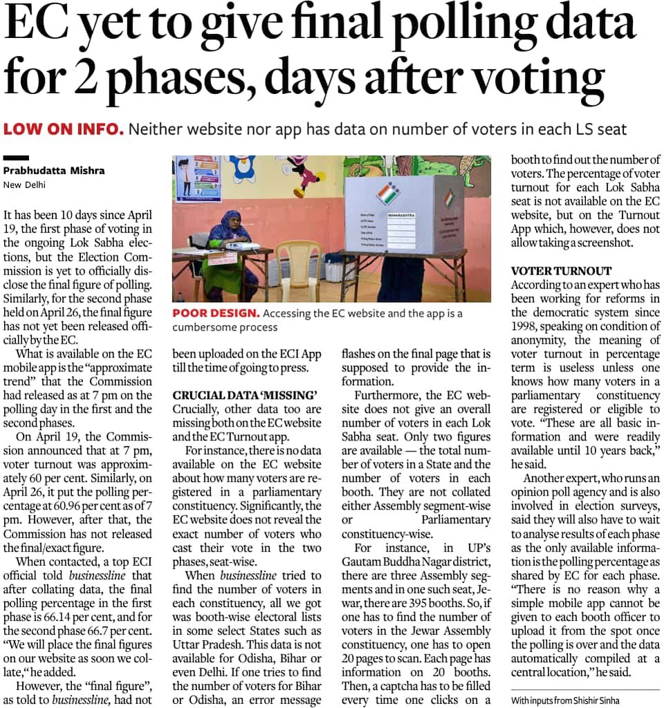 दूसरे चरण के मतदान के कई दिनों बाद भी फाइनल वोटिंग का डेटा चुनाव आयोग ने जारी नहीं किया। किस लोकसभा क्षेत्र में कितने लोगों ने मतदान किया। यह बेसिक जानकारी भी उपलब्ध नहीं है। ऐप पर वोटिंग प्रतिशत का आंकड़ा चुनाव के कई दिनों बाद तक अपडेट हो रहा है