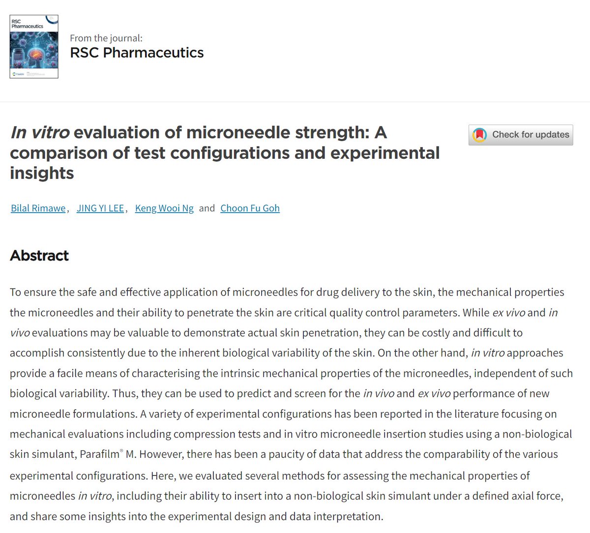 3rd paper bonanza with #communication as #advancearticle @RoySocChem sharing about test #configurations and #experimental insights of in vitro #mechanical test of #microneedles! Excellent collaboration with @ngkengwooi @esteelee_ pubs.rsc.org/en/Content/Art…